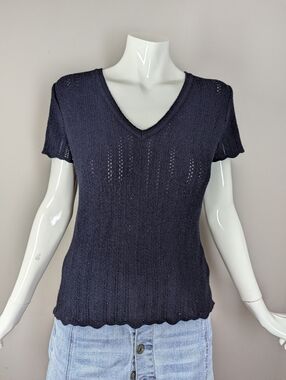 Vintage 90s Navy Knit Top Colori Collection Minimalist V Neck Fitted S